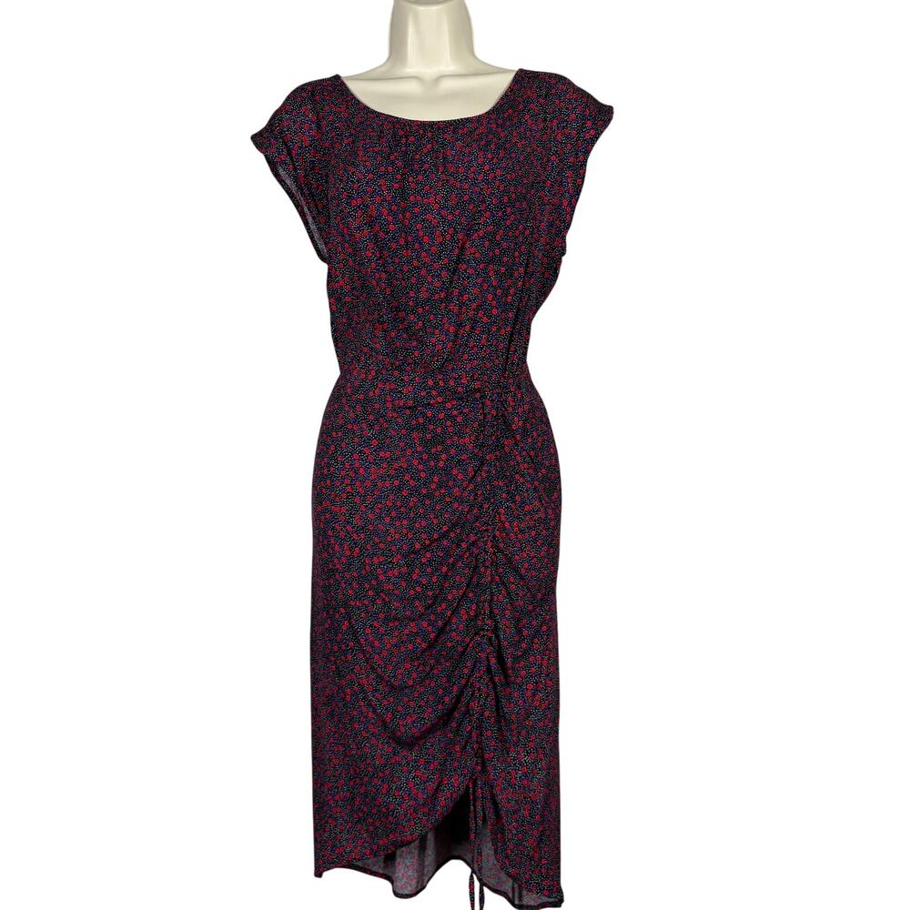 NEW! GAP Microfloral Ruched Dress Casual Flutter Sleeve Faux Wrap Blue Red - 8